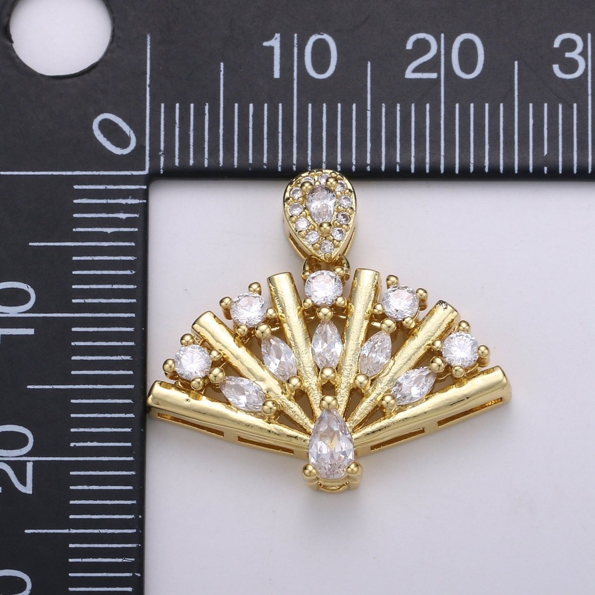 14K Gold Filled Folding Fan Clear Cubic Zirconia Round Teardrop Marquise Pendant H-898 - DLUXCA