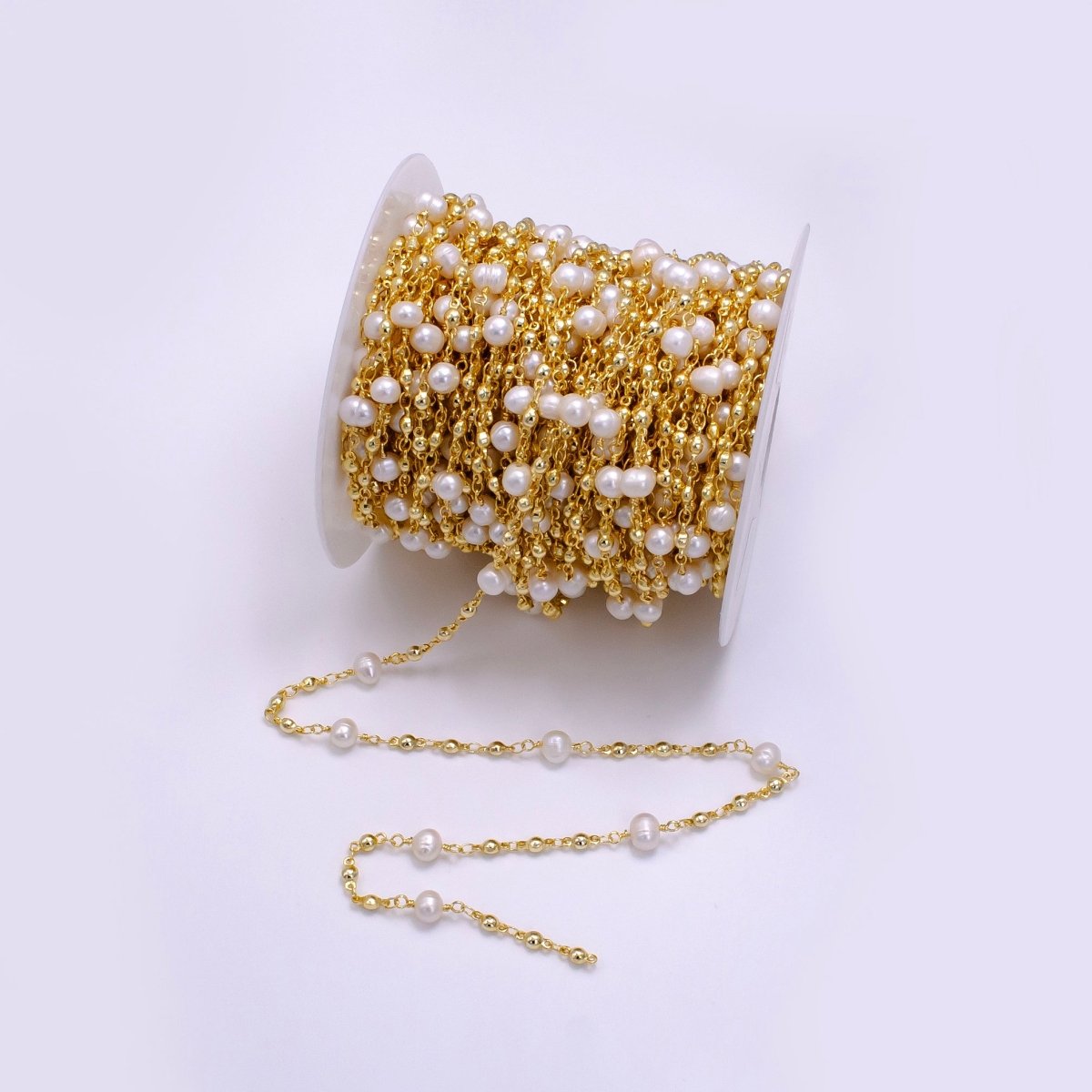 14K Gold Filled Freshwater Pearl Triple Bead Link Unfinished Chain | ROLL-1508 - DLUXCA