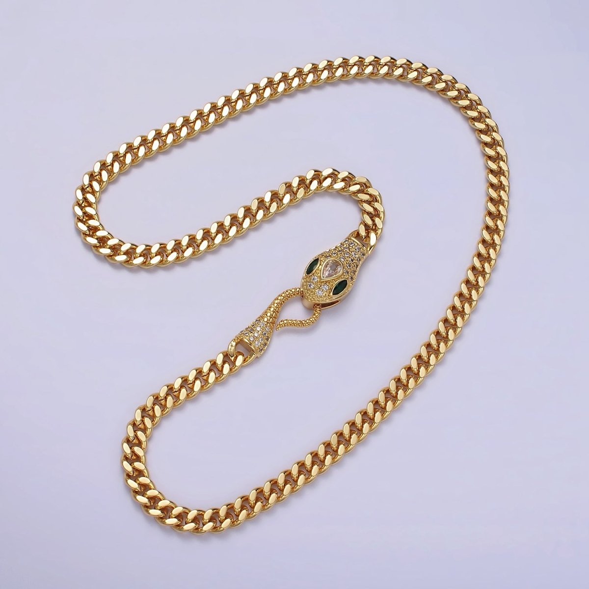 14K Gold Filled Fuchsia, Green Eyed Snake Textured Bite 18 Inch Curb Chain Necklace | WA-2204 - WA-2207 Clearance Pricing - DLUXCA