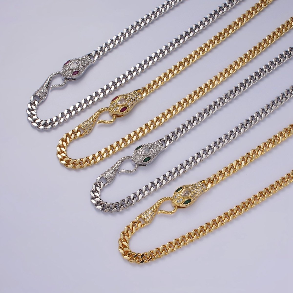 14K Gold Filled Fuchsia, Green Eyed Snake Textured Bite 18 Inch Curb Chain Necklace | WA-2204 - WA-2207 Clearance Pricing - DLUXCA