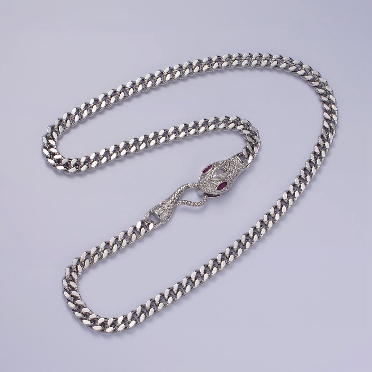 14K Gold Filled Fuchsia, Green Eyed Snake Textured Bite 18 Inch Curb Chain Necklace | WA-2204 - WA-2207 Clearance Pricing - DLUXCA