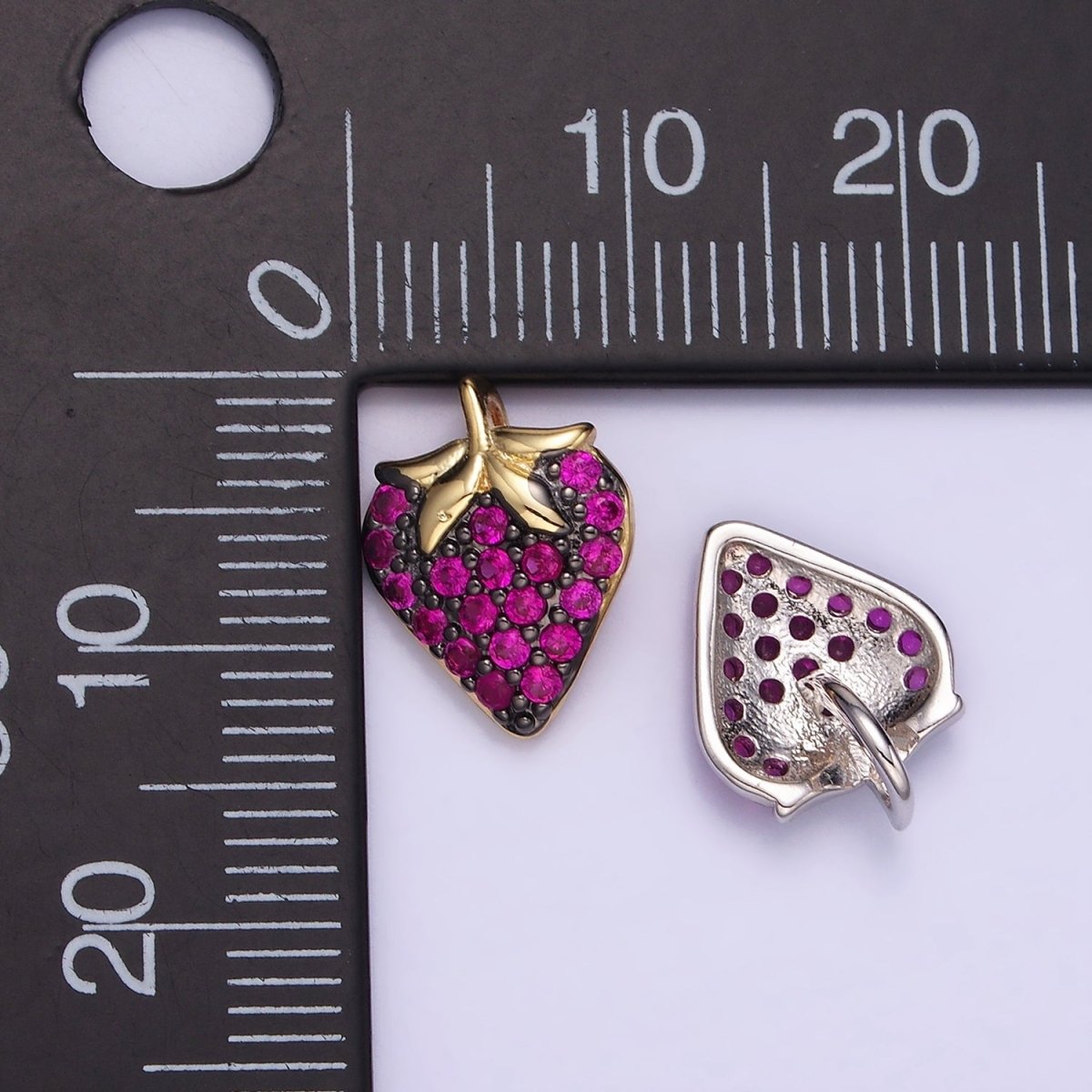 14K Gold Filled Fuchsia Micro Paved CZ Strawberry Fruit Pendant in Gold & Silver | AA1206 - DLUXCA