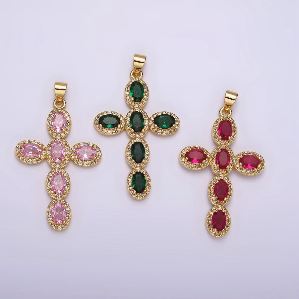 14K Gold Filled Fuchsia, Pink, Green Oval Micro Paved CZ Latin Cross Pendant | AA1095 - AA1096 - DLUXCA