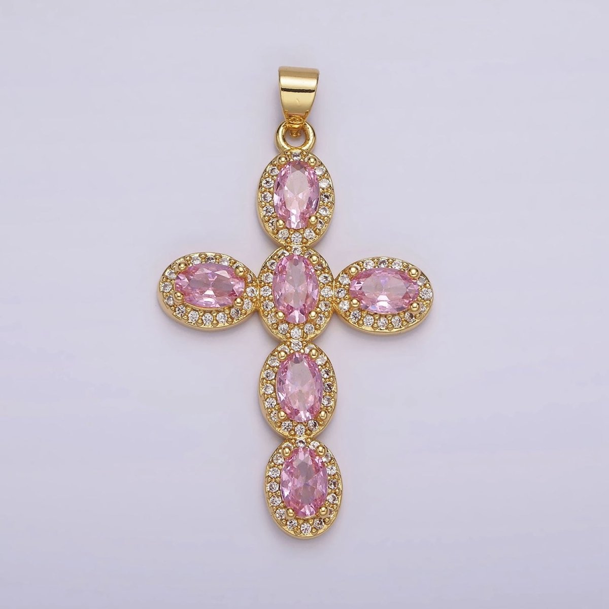 14K Gold Filled Fuchsia, Pink, Green Oval Micro Paved CZ Latin Cross Pendant | AA1095 - AA1096 - DLUXCA