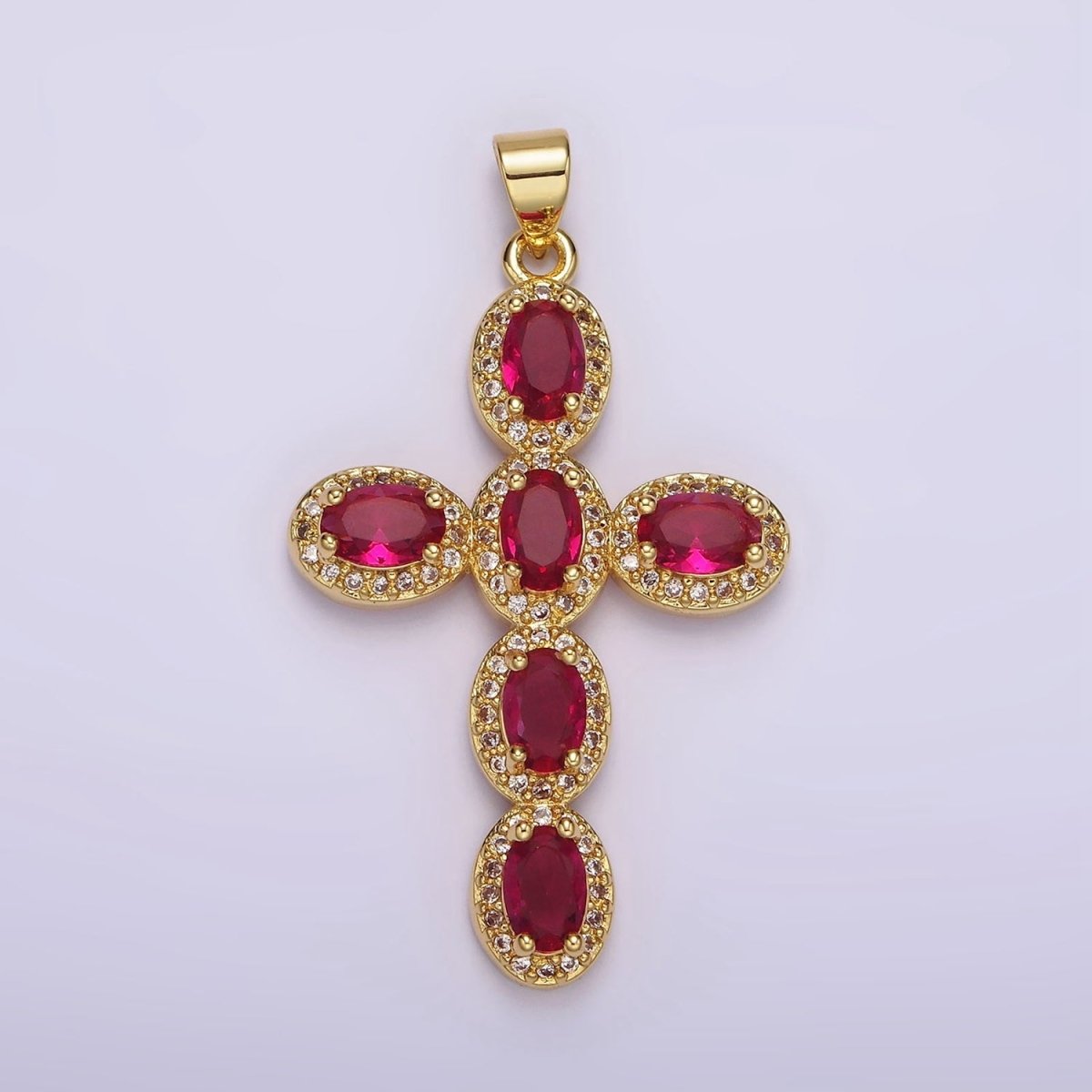 14K Gold Filled Fuchsia, Pink, Green Oval Micro Paved CZ Latin Cross Pendant | AA1095 - AA1096 - DLUXCA