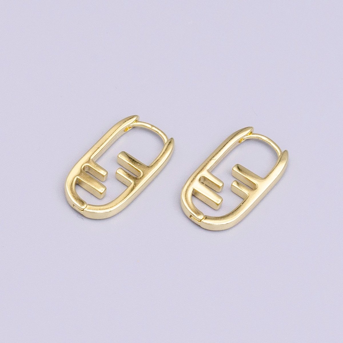 14K Gold Filled Geometric Bar Lined Oblong U-Shaped Hoop Earrings | Y-847 - DLUXCA
