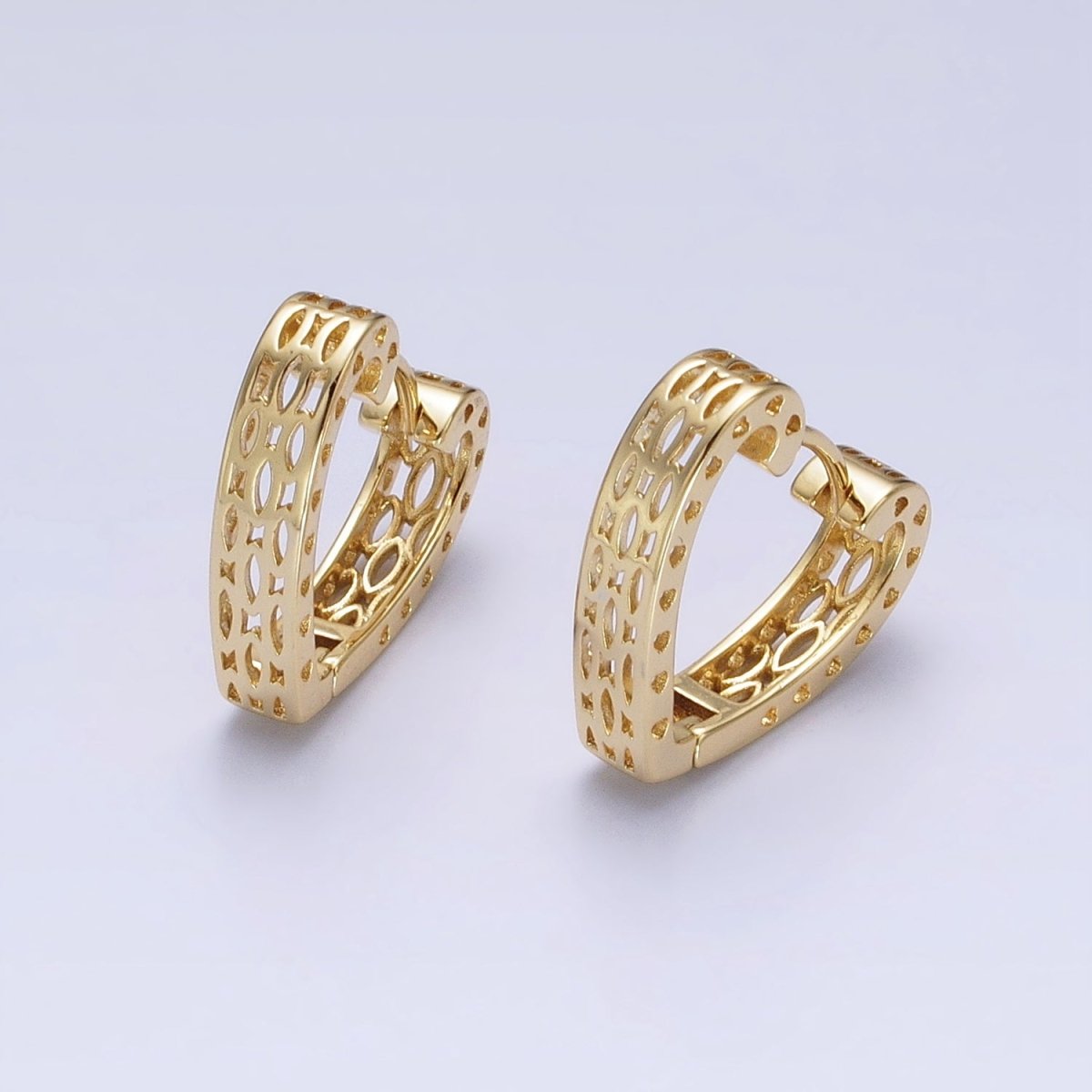 14K Gold Filled Geometric Filigree Heart Huggie Hoop Earrings | AD1530 - DLUXCA