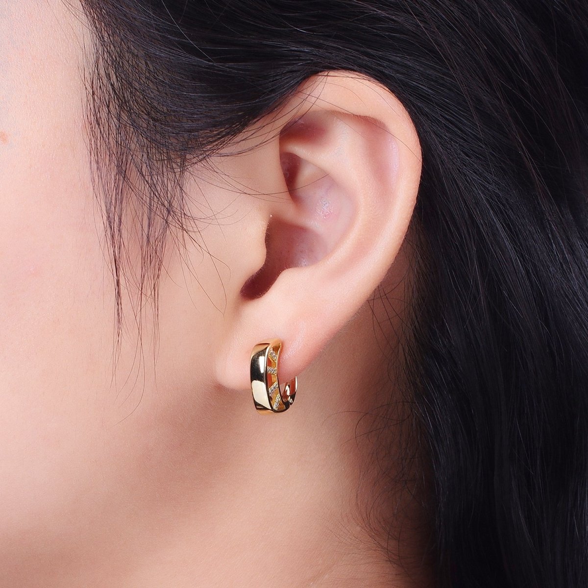 14K Gold Filled Geometric Micro Paved CZ Bar Latch Earrings | V-024 - DLUXCA