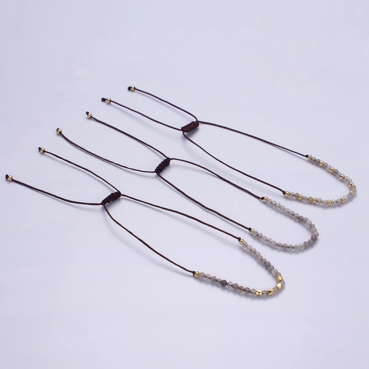 14K Gold Filled Gray Jasper Multifaceted Brown Rope Adjustable Friendship Bracelet | WA-2178 - WA-2180 Clearance Pricing - DLUXCA