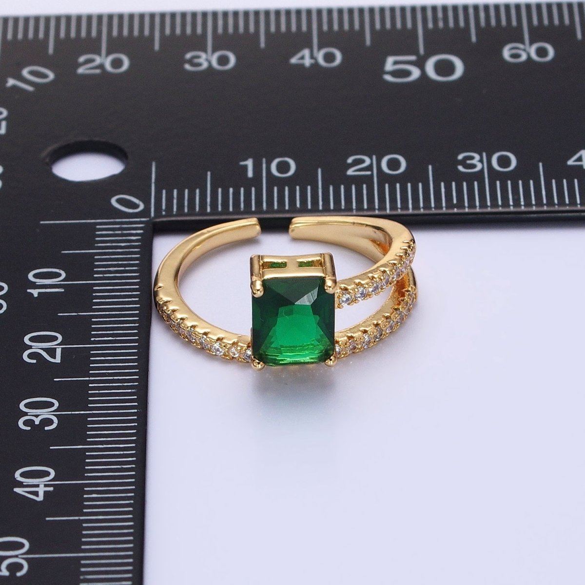 14K Gold Filled Green Baguette Double Band Micro Paved Adjustable Ring in Gold & Silver | O-1561 O-1562 - DLUXCA