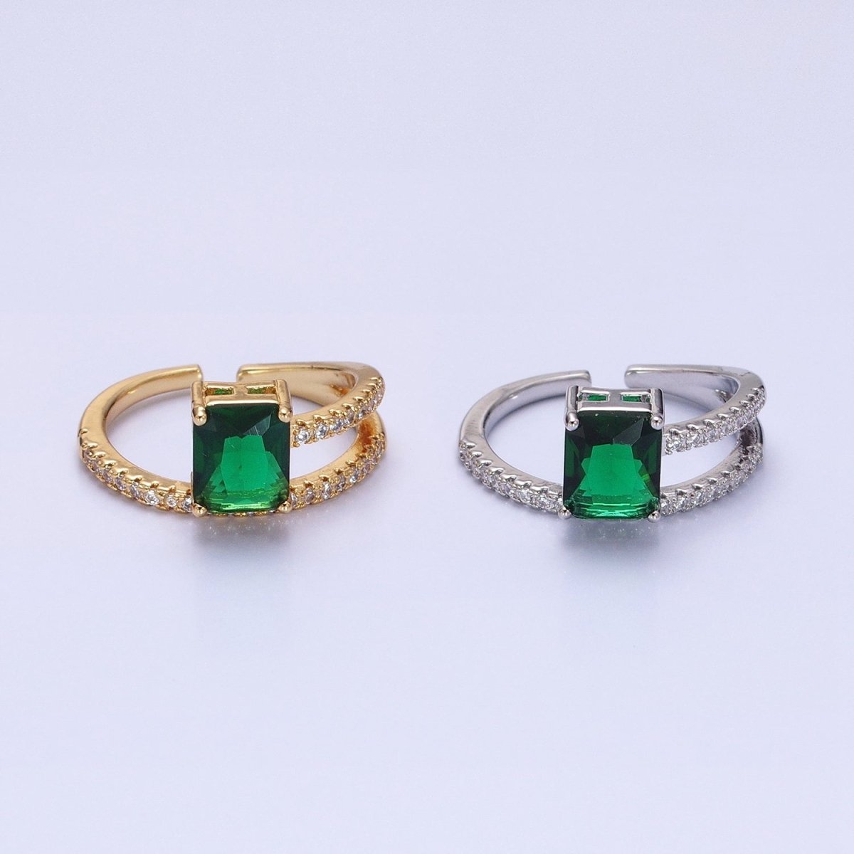 14K Gold Filled Green Baguette Double Band Micro Paved Adjustable Ring in Gold & Silver | O-1561 O-1562 - DLUXCA