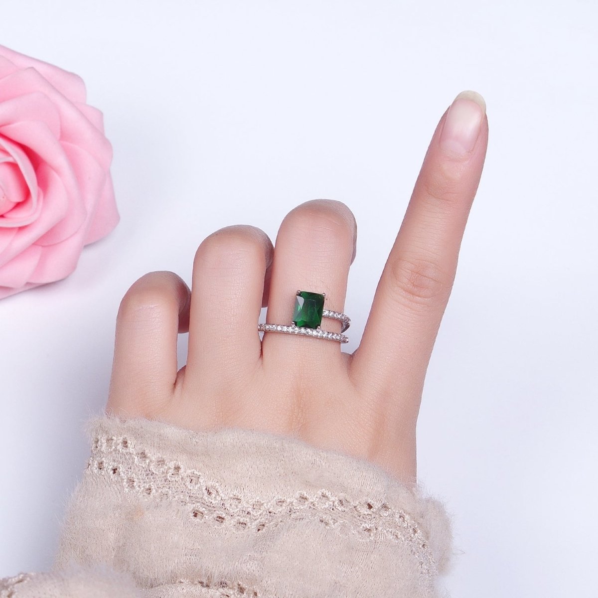 14K Gold Filled Green Baguette Double Band Micro Paved Adjustable Ring in Gold & Silver | O-1561 O-1562 - DLUXCA