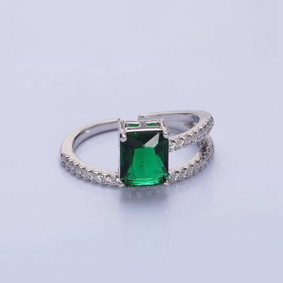 14K Gold Filled Green Baguette Double Band Micro Paved Adjustable Ring in Gold & Silver | O-1561 O-1562 - DLUXCA