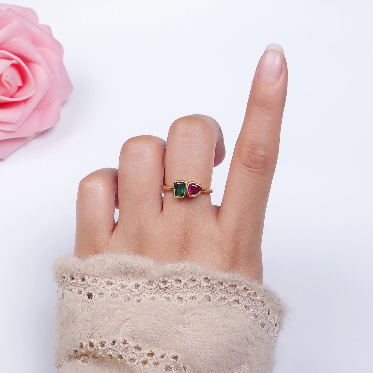 14K Gold Filled Green Baguette Fuchsia Heart Ring | O-580 - DLUXCA