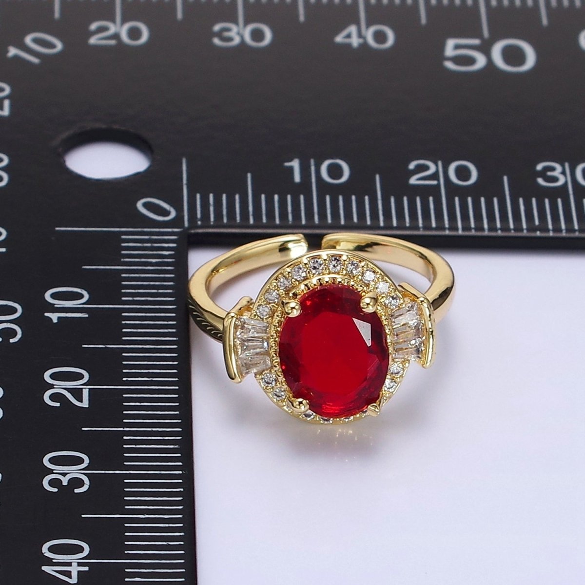 14K Gold Filled Green, Black, Red Oval CZ Baguette Micro Paved Adjustable Solitaire Ring | O-634 ~ O-636 - DLUXCA