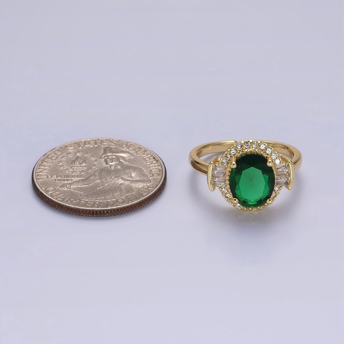 14K Gold Filled Green, Black, Red Oval CZ Baguette Micro Paved Adjustable Solitaire Ring | O-634 ~ O-636 - DLUXCA