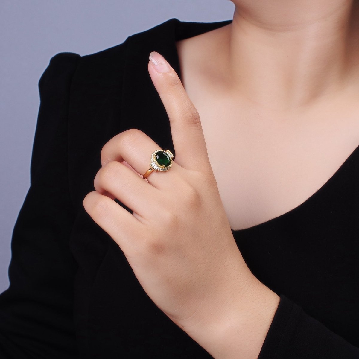 14K Gold Filled Green, Black, Red Oval CZ Baguette Micro Paved Adjustable Solitaire Ring | O-634 ~ O-636 - DLUXCA