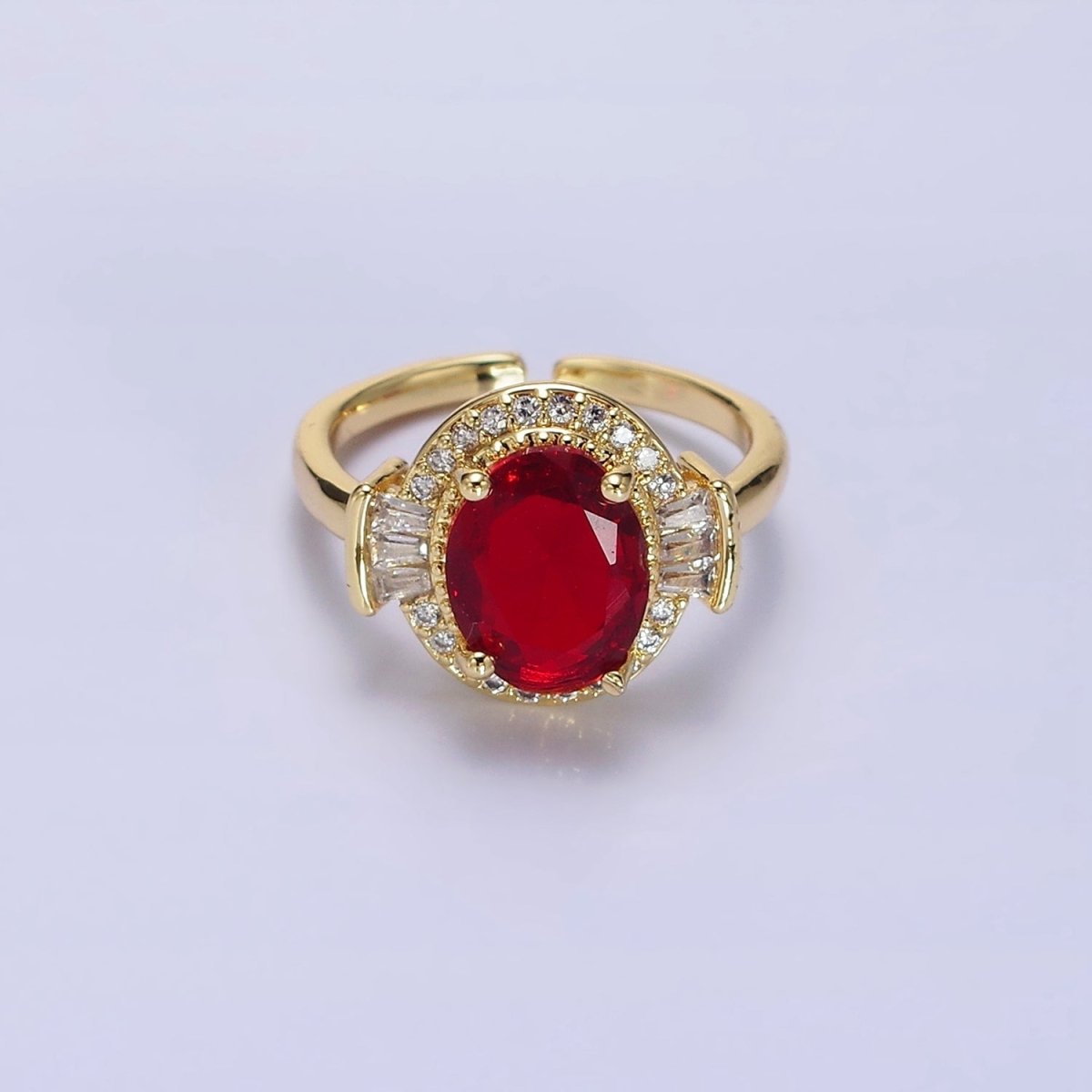 14K Gold Filled Green, Black, Red Oval CZ Baguette Micro Paved Adjustable Solitaire Ring | O-634 ~ O-636 - DLUXCA