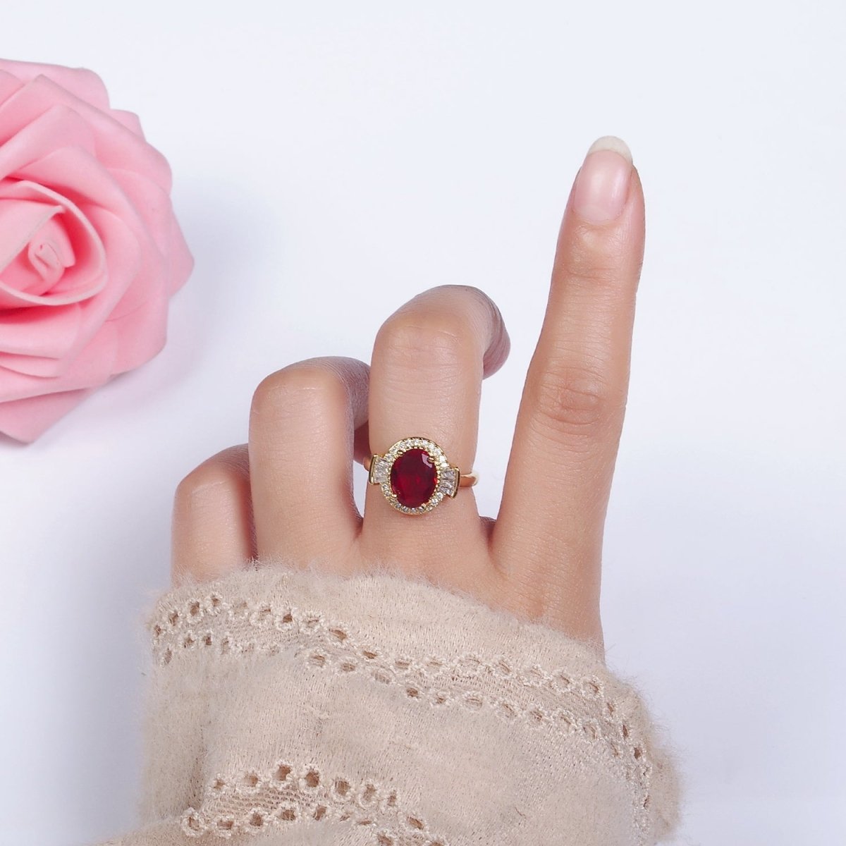 14K Gold Filled Green, Black, Red Oval CZ Baguette Micro Paved Adjustable Solitaire Ring | O-634 ~ O-636 - DLUXCA