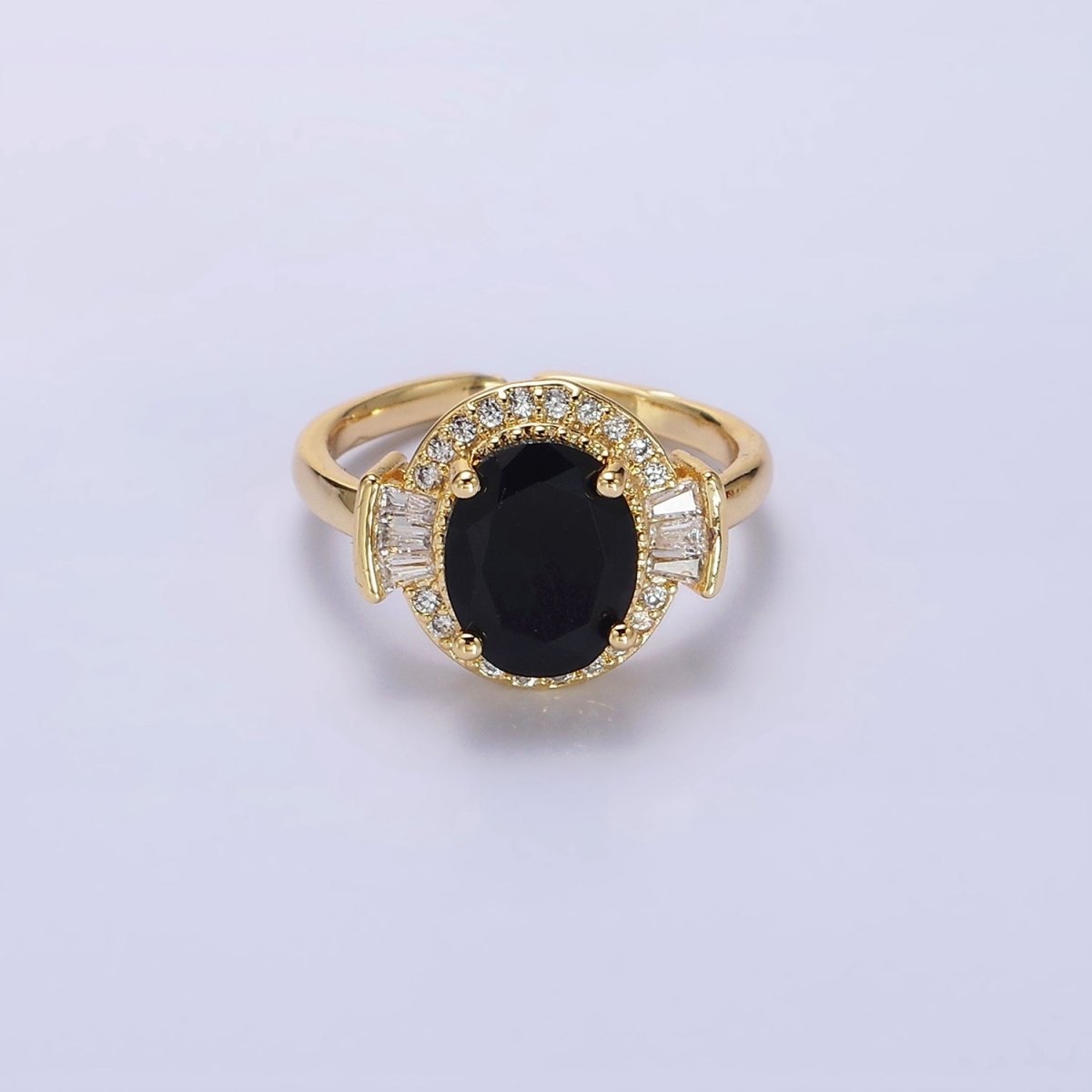 14K Gold Filled Green, Black, Red Oval CZ Baguette Micro Paved Adjustable Solitaire Ring | O-634 ~ O-636 - DLUXCA