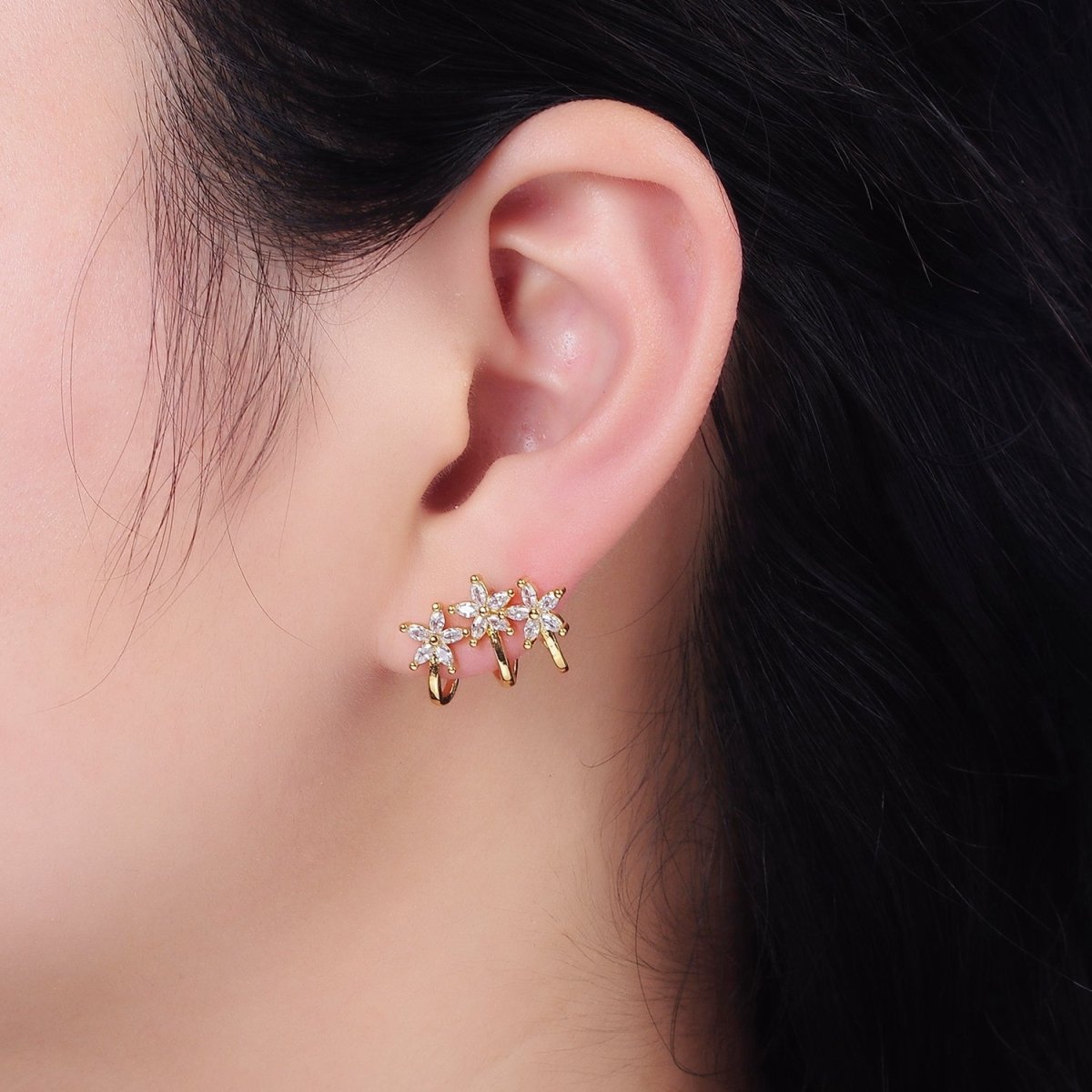 14K Gold Filled Green, Clear Fuchsia Marquise Flower Triple Ear Cuff Stud Earrings Set | AE641 - AE643 - DLUXCA