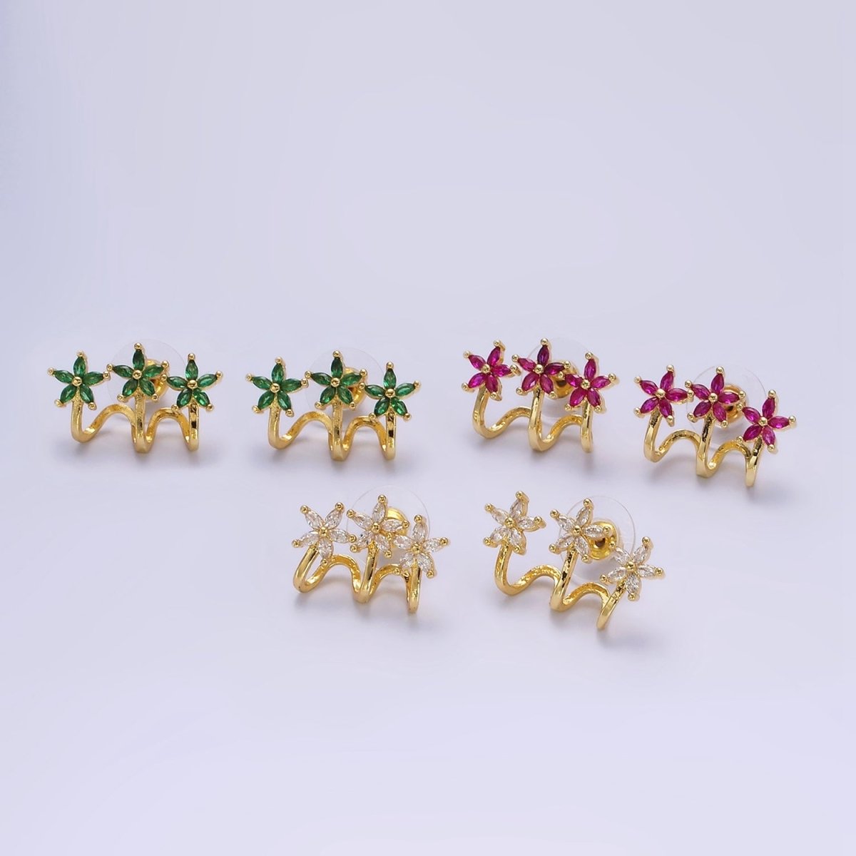 14K Gold Filled Green, Clear Fuchsia Marquise Flower Triple Ear Cuff Stud Earrings Set | AE641 - AE643 - DLUXCA