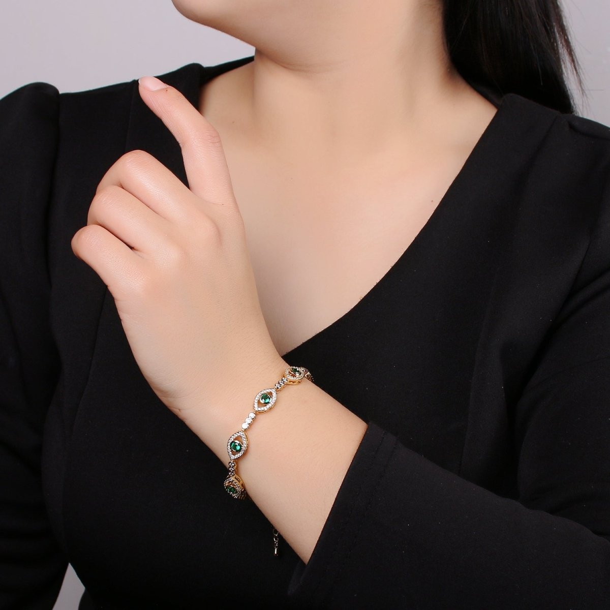 14k Gold Filled Green Evil Eye Bracelet, Blue Eye Protection Bracelet Cubic Zirconia Stacking Bracelet, Amulet Jewelry Gift Ideas, Boho Jewelry | CN-959 CN-960 CN-961 Clearance Pricing - DLUXCA