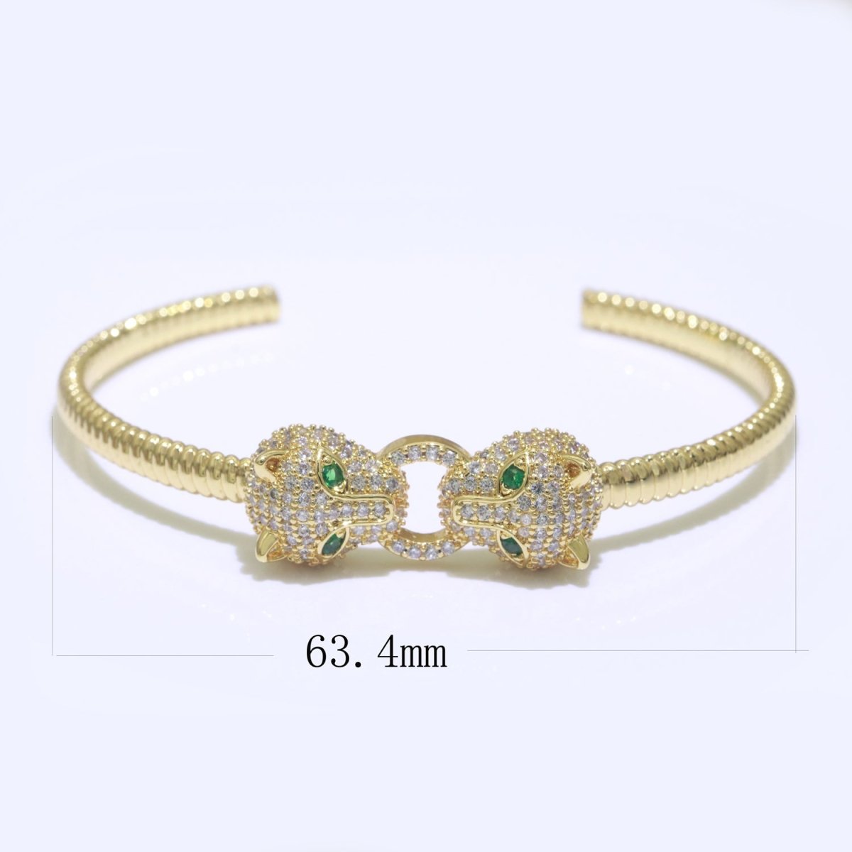 14K Gold Filled Green-Eyed CZ Panther Micro Paved Adjustable Textured Bangle Bracelet | WA-125 Clearance Pricing - DLUXCA
