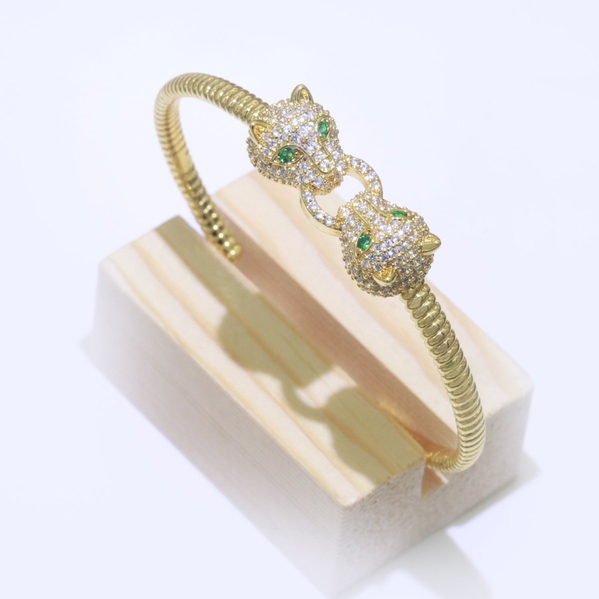 14K Gold Filled Green-Eyed CZ Panther Micro Paved Adjustable Textured Bangle Bracelet | WA-125 Clearance Pricing - DLUXCA