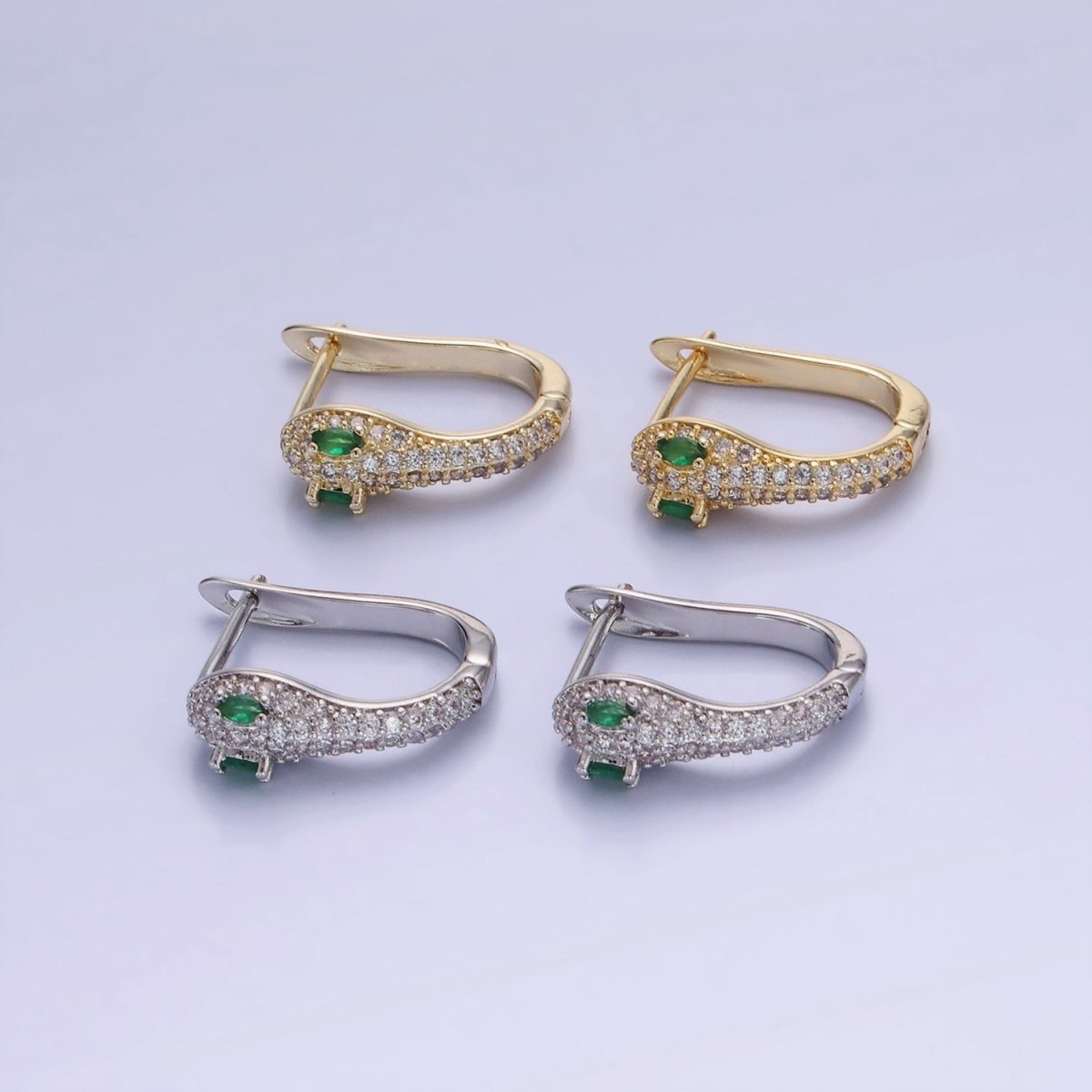 14K Gold Filled Green-Eyed Micro Paved CZ Cartilage English Lock Earrings in Gold & Silver | AB1319 - DLUXCA