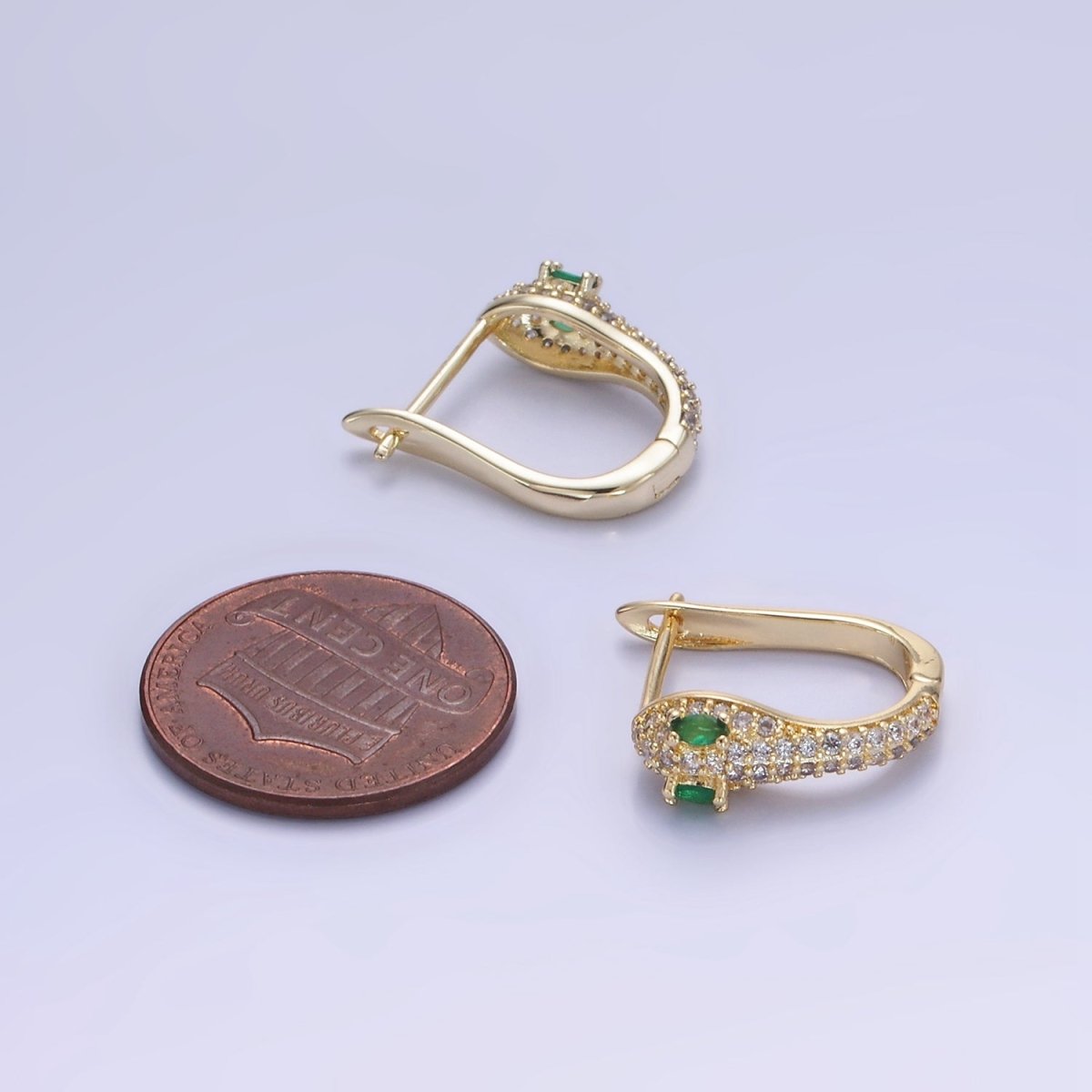 14K Gold Filled Green-Eyed Micro Paved CZ Cartilage English Lock Earrings in Gold & Silver | AB1319 - DLUXCA