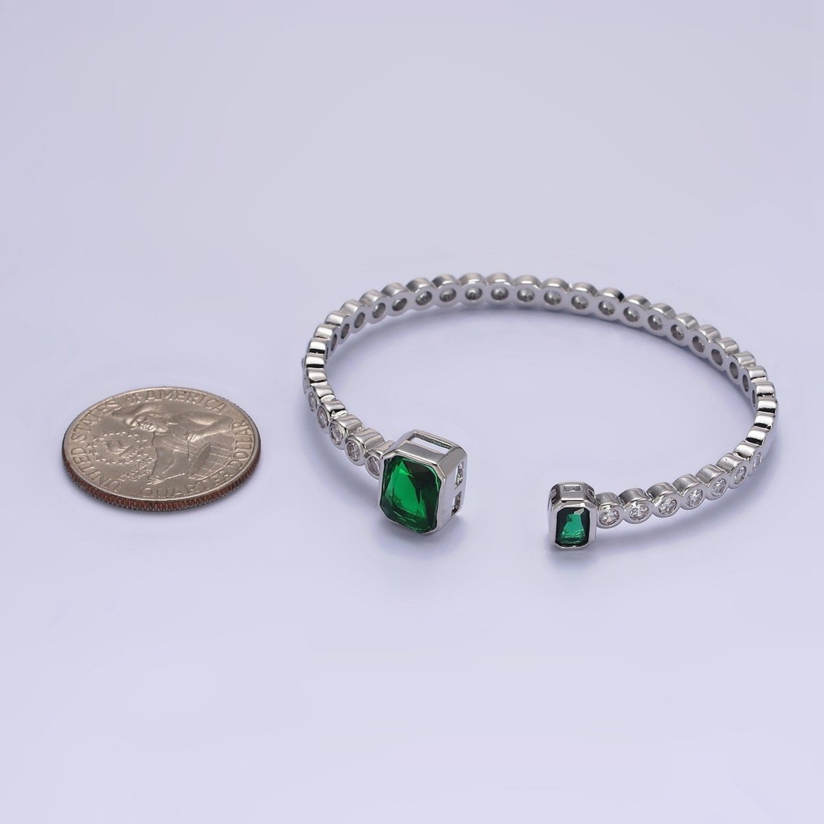 14K Gold Filled Green, Fuchsia Baguette Round CZ Lined Cuff Bracelet in Silver & Gold | WA-1974 - WA-1977 Clearance Pricing - DLUXCA