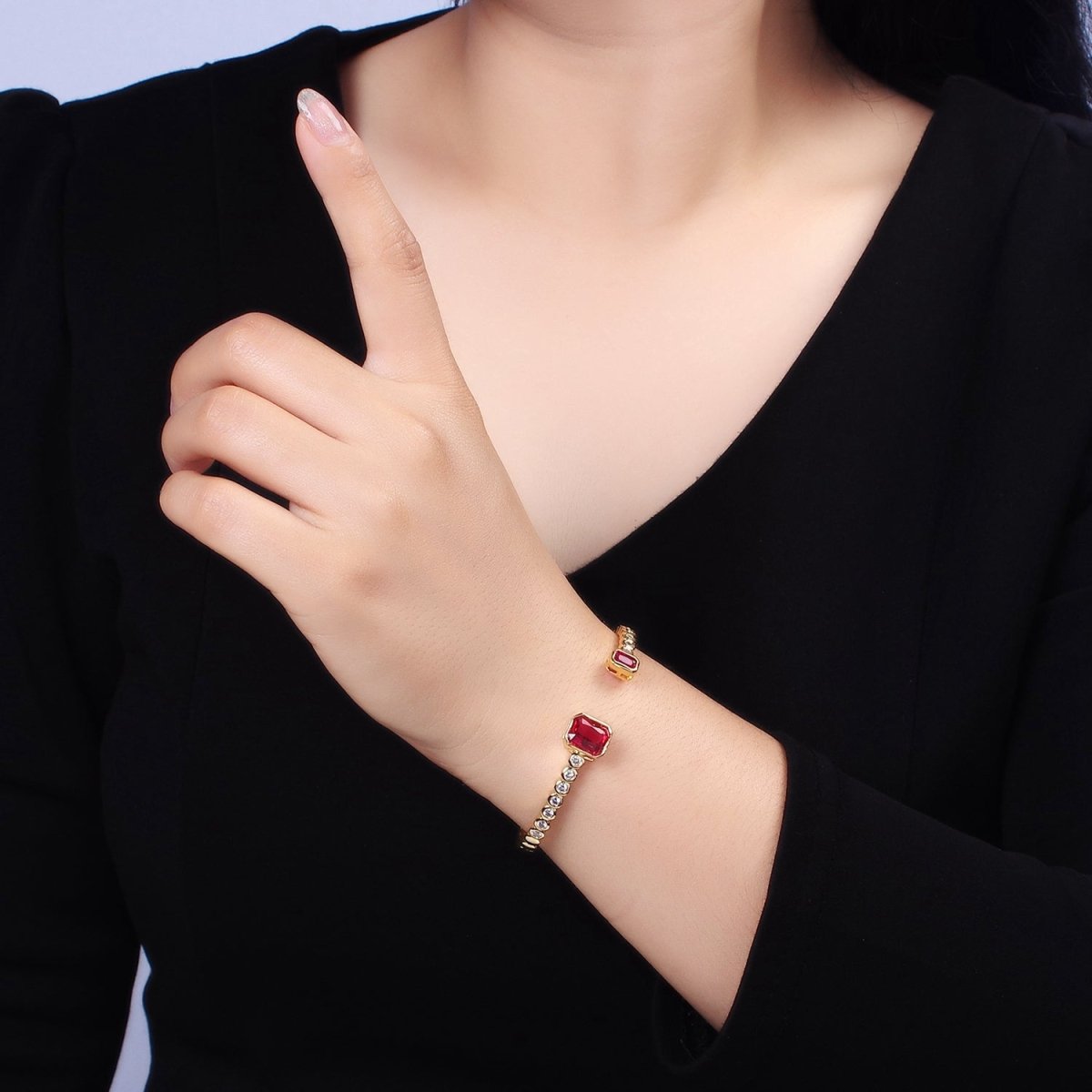 14K Gold Filled Green, Fuchsia Baguette Round CZ Lined Cuff Bracelet in Silver & Gold | WA-1974 - WA-1977 Clearance Pricing - DLUXCA