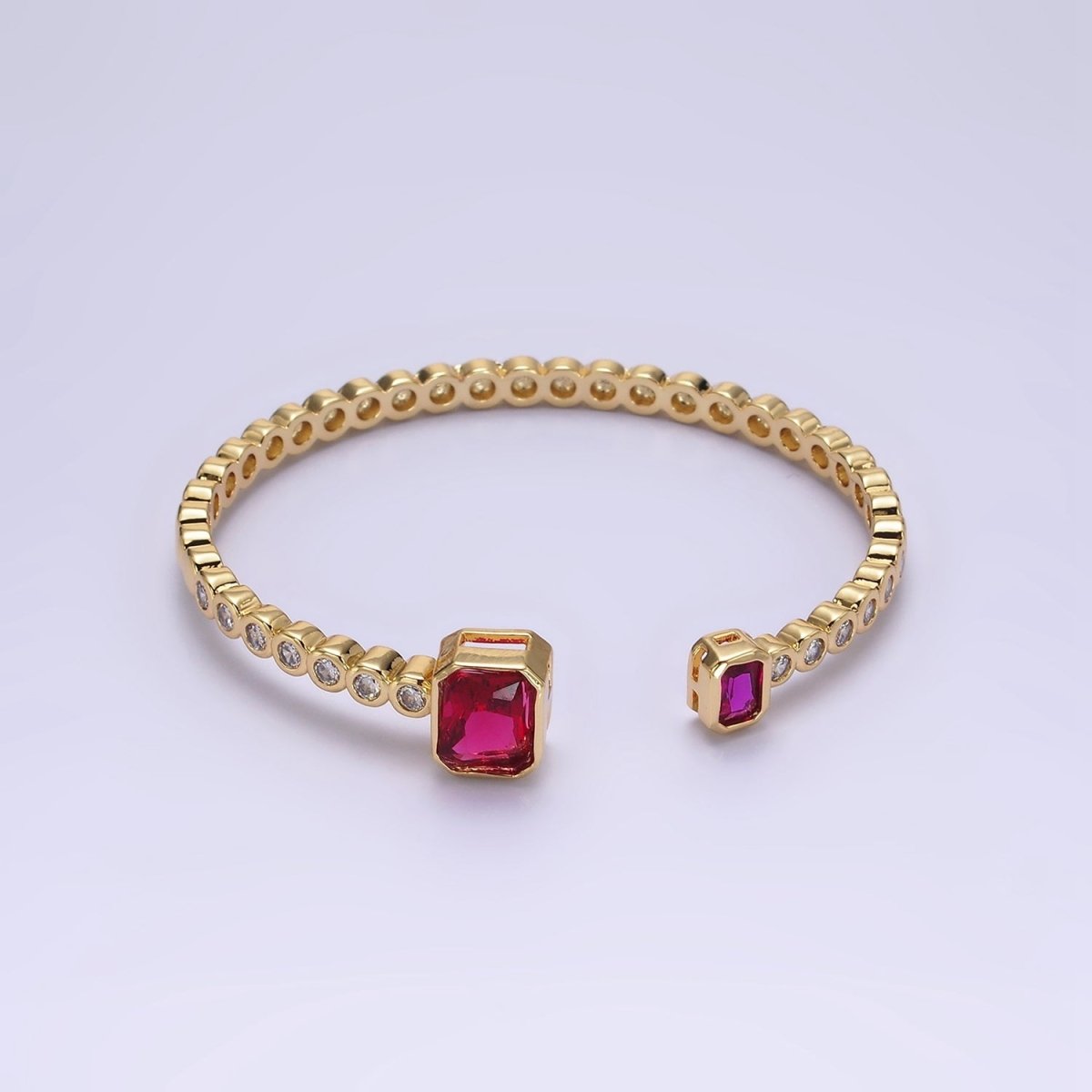 14K Gold Filled Green, Fuchsia Baguette Round CZ Lined Cuff Bracelet in Silver & Gold | WA-1974 - WA-1977 Clearance Pricing - DLUXCA