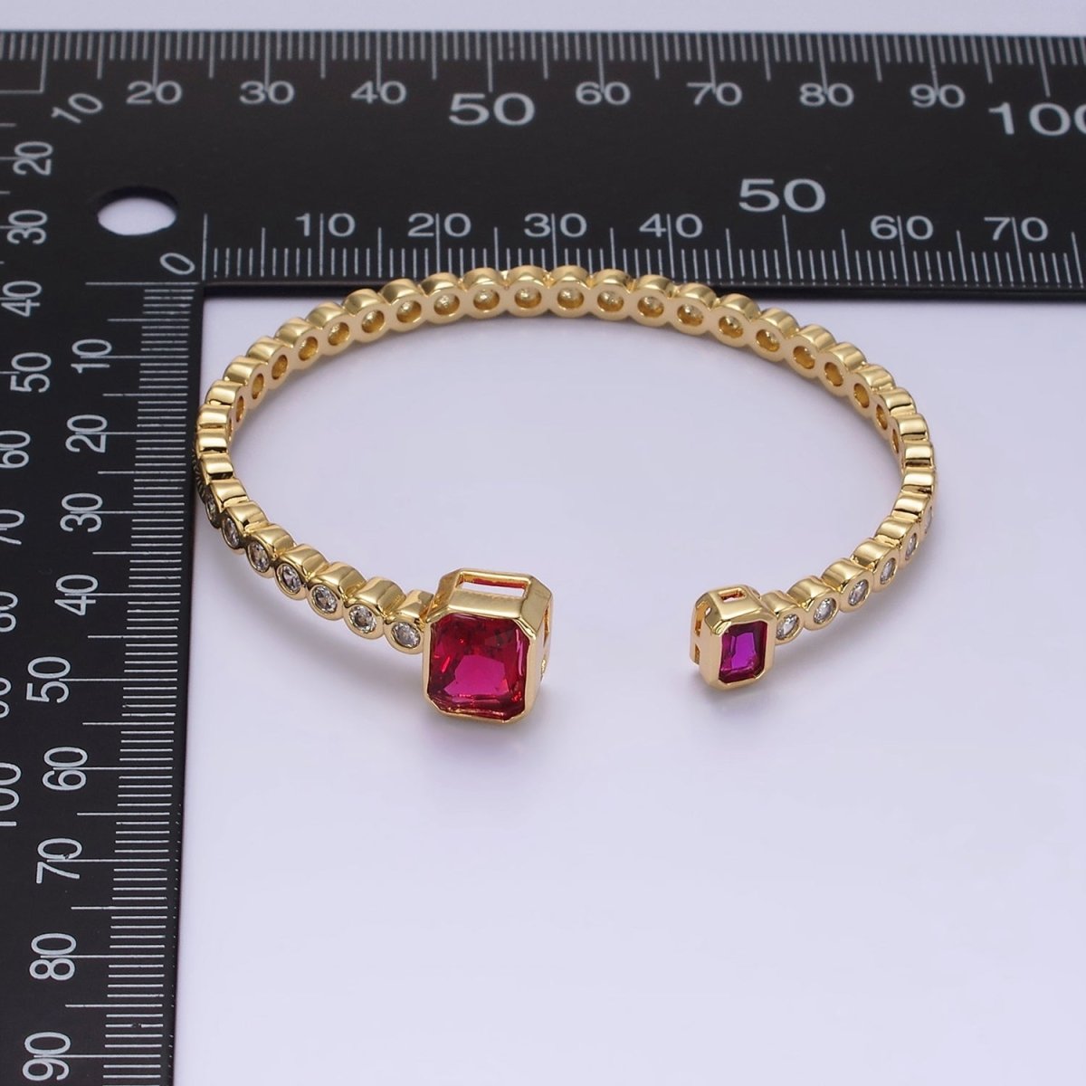 14K Gold Filled Green, Fuchsia Baguette Round CZ Lined Cuff Bracelet in Silver & Gold | WA-1974 - WA-1977 Clearance Pricing - DLUXCA