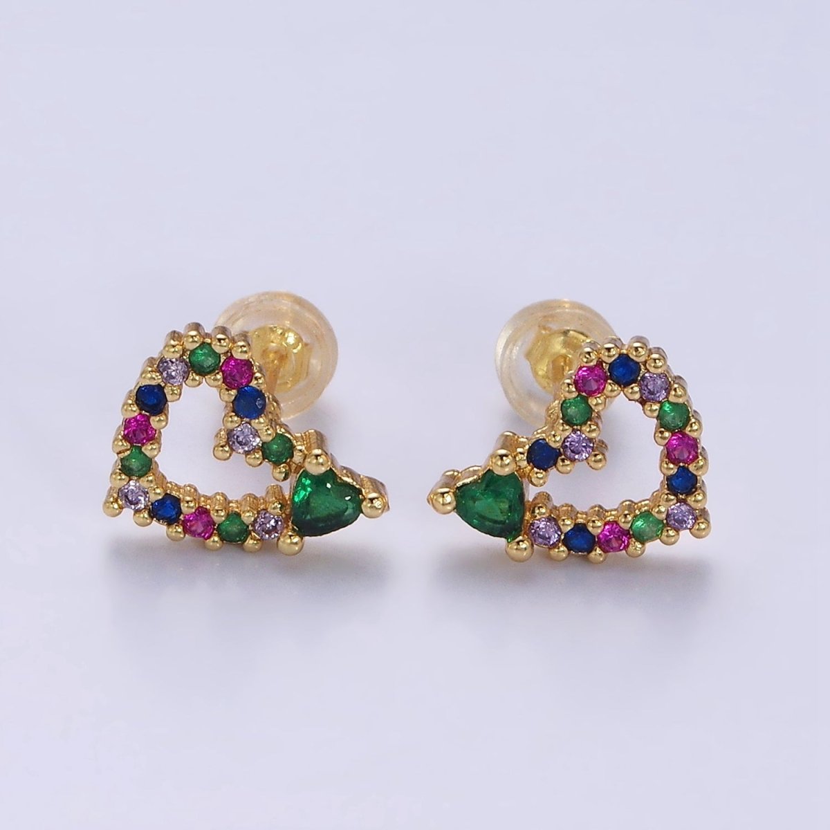 14K Gold Filled Green Heart Multicolor CZ Open Lined Stud Earrings in Gold & Silver | Y-910 Y-911 - DLUXCA