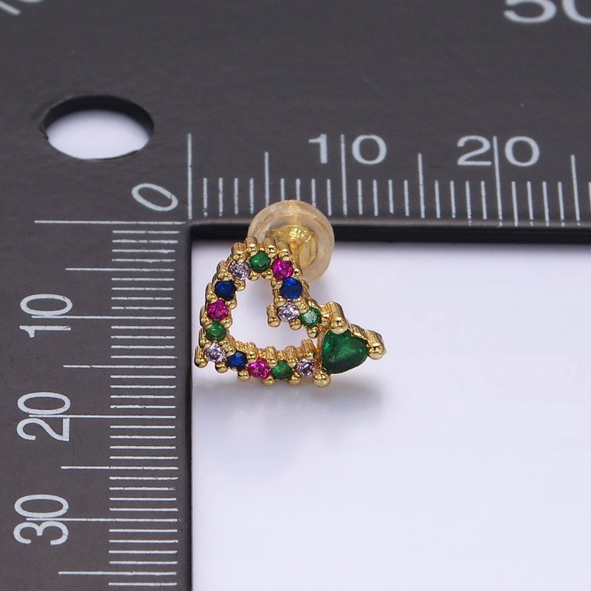 14K Gold Filled Green Heart Multicolor CZ Open Lined Stud Earrings in Gold & Silver | Y-910 Y-911 - DLUXCA