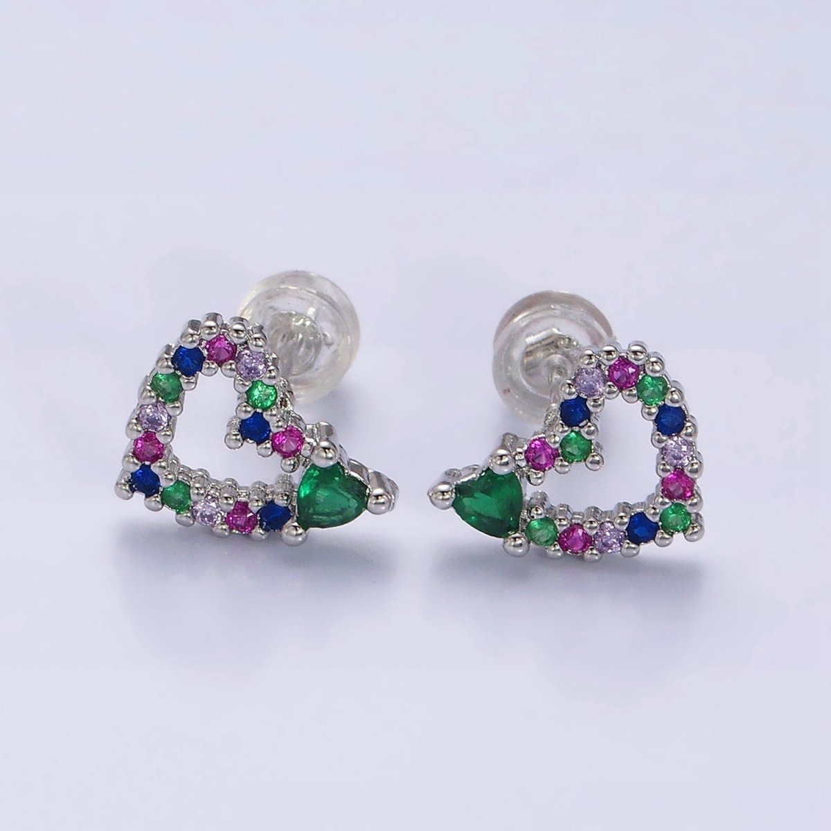14K Gold Filled Green Heart Multicolor CZ Open Lined Stud Earrings in Gold & Silver | Y-910 Y-911 - DLUXCA