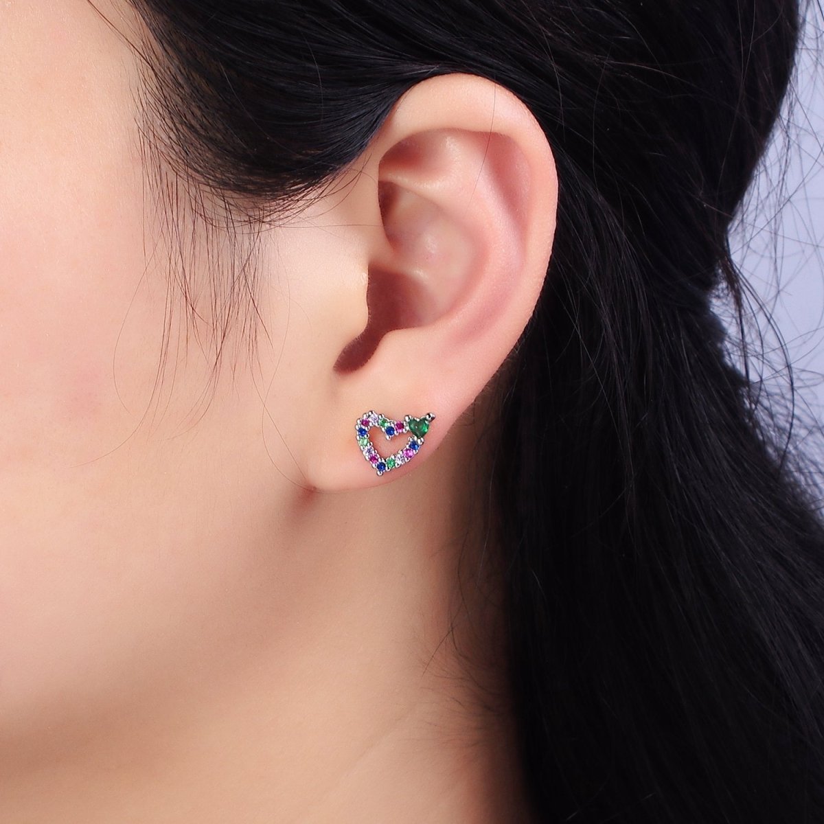 14K Gold Filled Green Heart Multicolor CZ Open Lined Stud Earrings in Gold & Silver | Y-910 Y-911 - DLUXCA