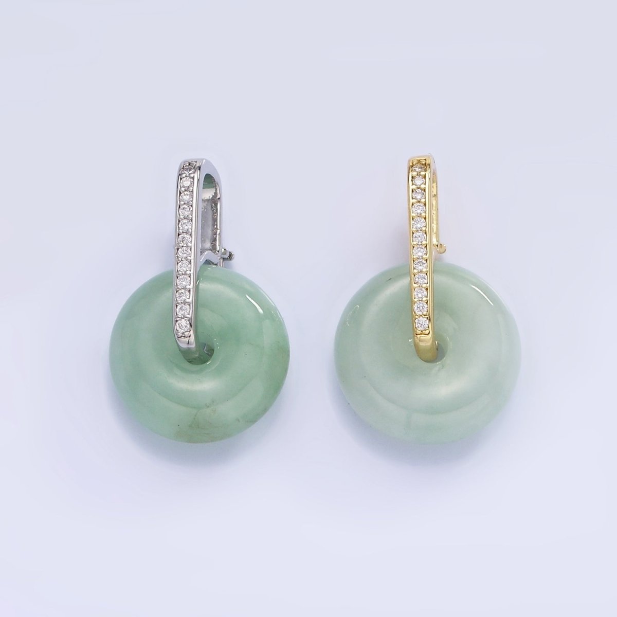 14K Gold Filled Green Jade Gemstone Donut Micro Paved CZ Linear Bail Pendant in Gold & Silver | AH159 - DLUXCA