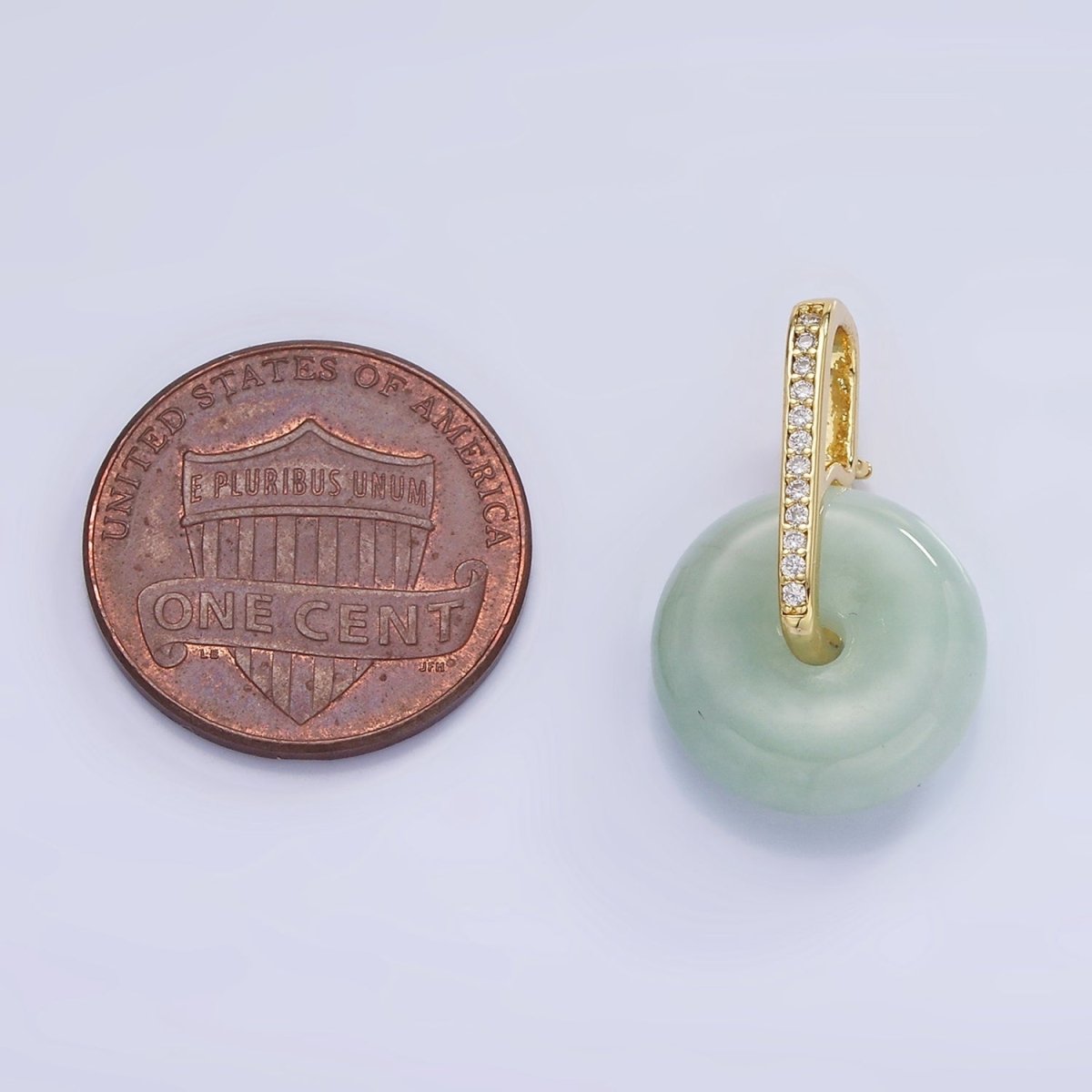 14K Gold Filled Green Jade Gemstone Donut Micro Paved CZ Linear Bail Pendant in Gold & Silver | AH159 - DLUXCA