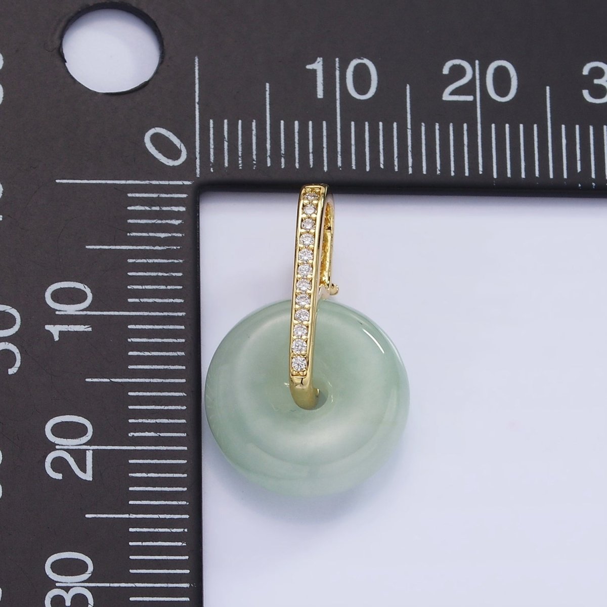 14K Gold Filled Green Jade Gemstone Donut Micro Paved CZ Linear Bail Pendant in Gold & Silver | AH159 - DLUXCA