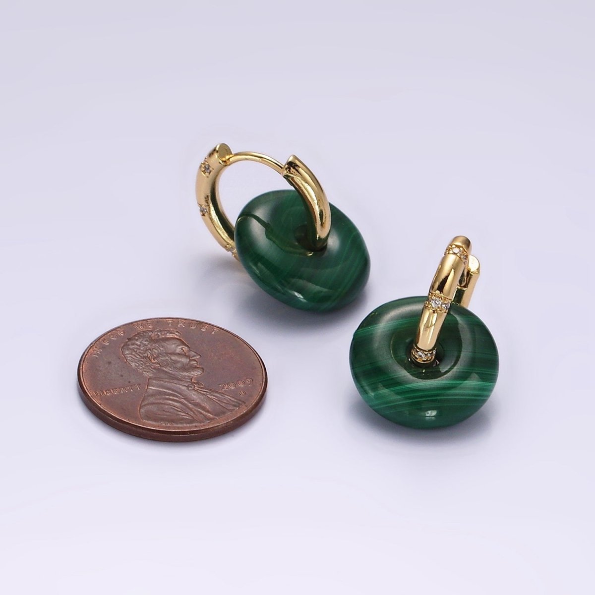 14K Gold Filled Green Malachite Donut Lined Micro Paved Huggie Earrings | AE353 - DLUXCA
