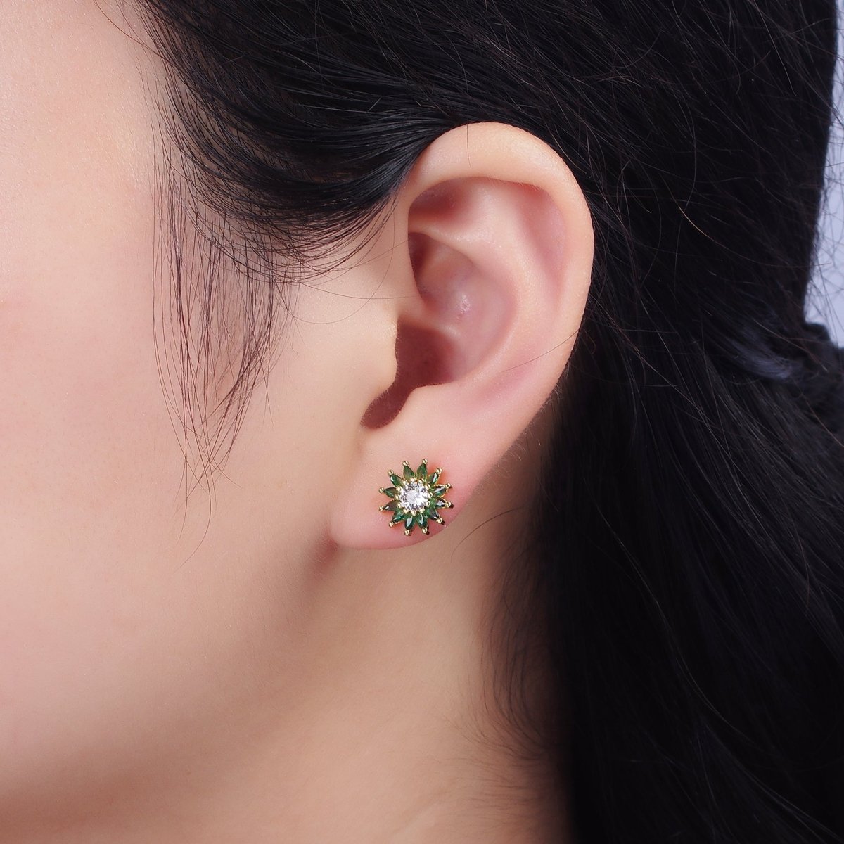 14K Gold Filled Green Marquise Sunflower Petal Stud Earrings | AE646 - DLUXCA