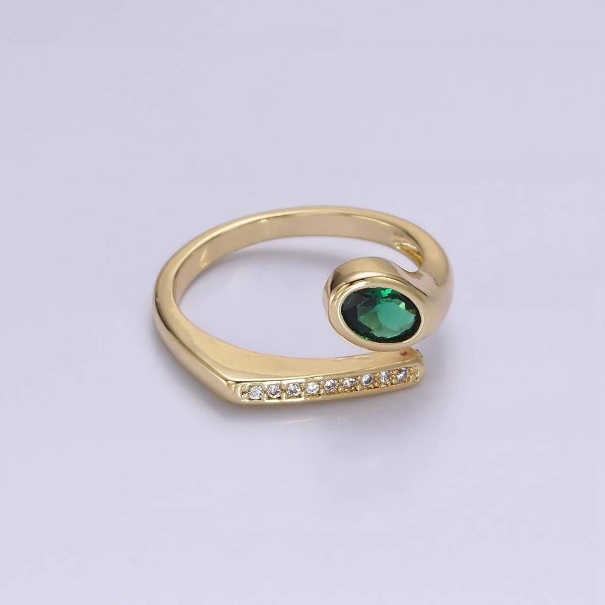 14K Gold Filled Green Oval CZ Clear Micro Paved Band Open Ring | O-569 - DLUXCA
