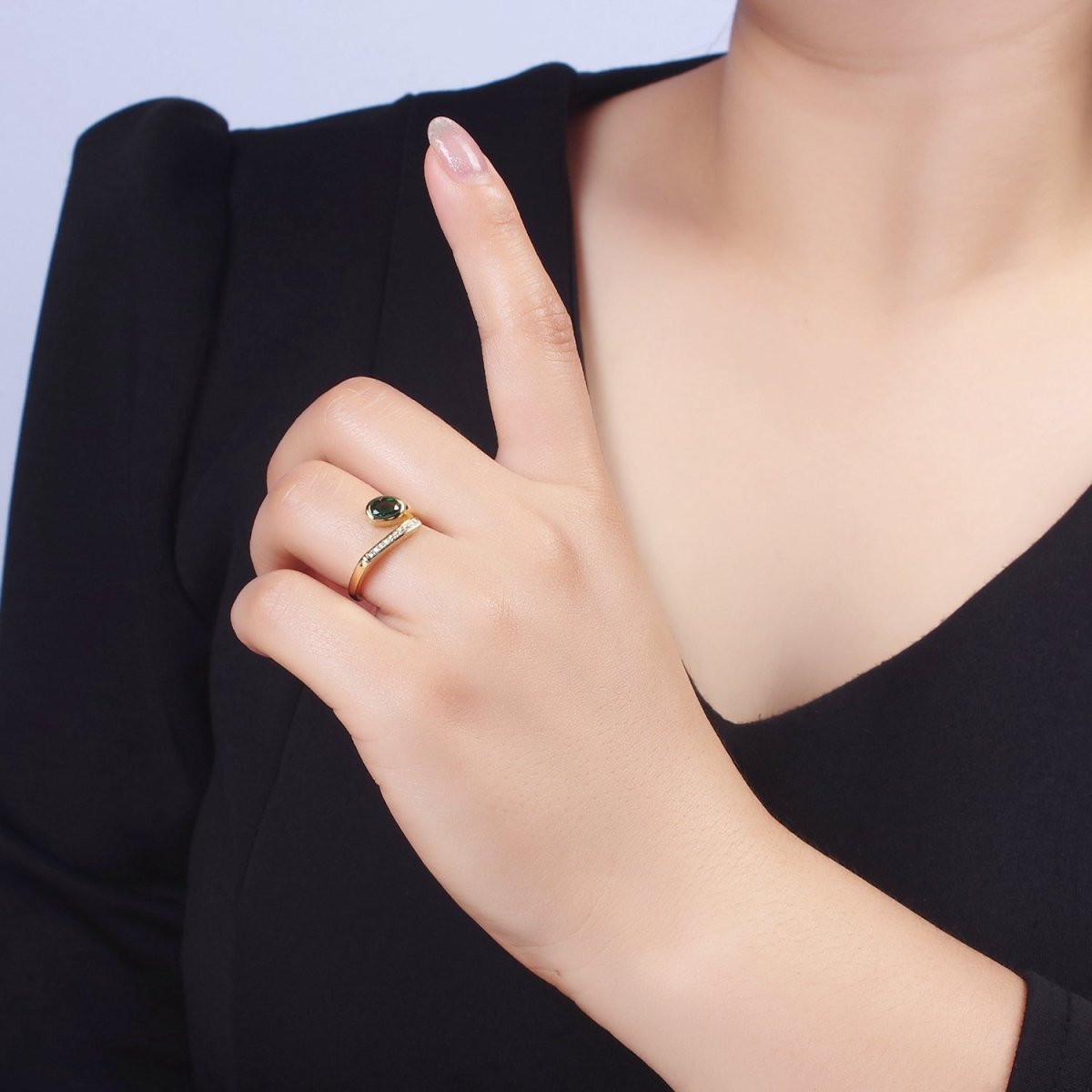 14K Gold Filled Green Oval CZ Clear Micro Paved Band Open Ring | O-569 - DLUXCA