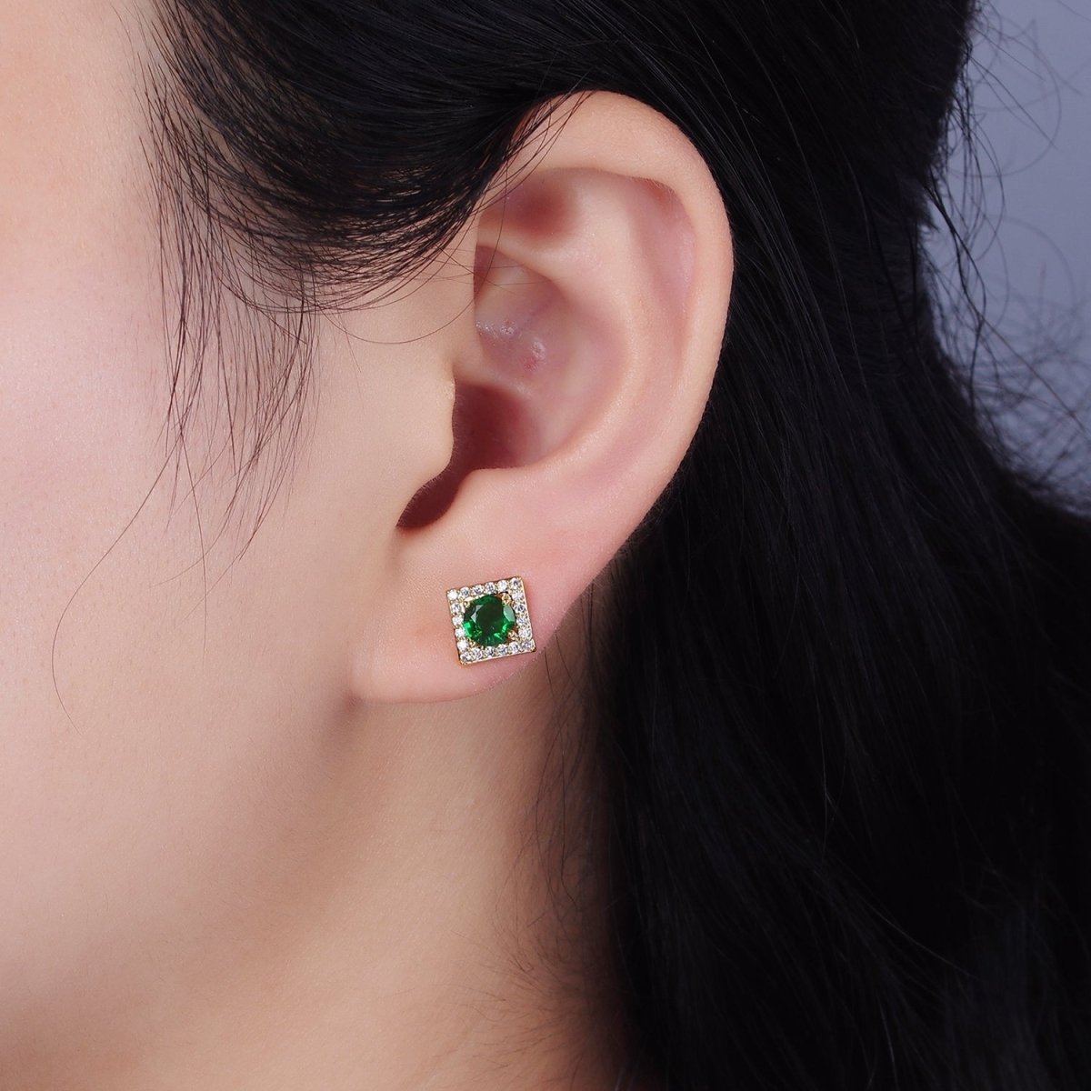 14K Gold Filled Green, Pink, Clear, Blue, Green CZ Micro Paved Square Stud Earrings in Gold & Silver | V320 - V329 - DLUXCA