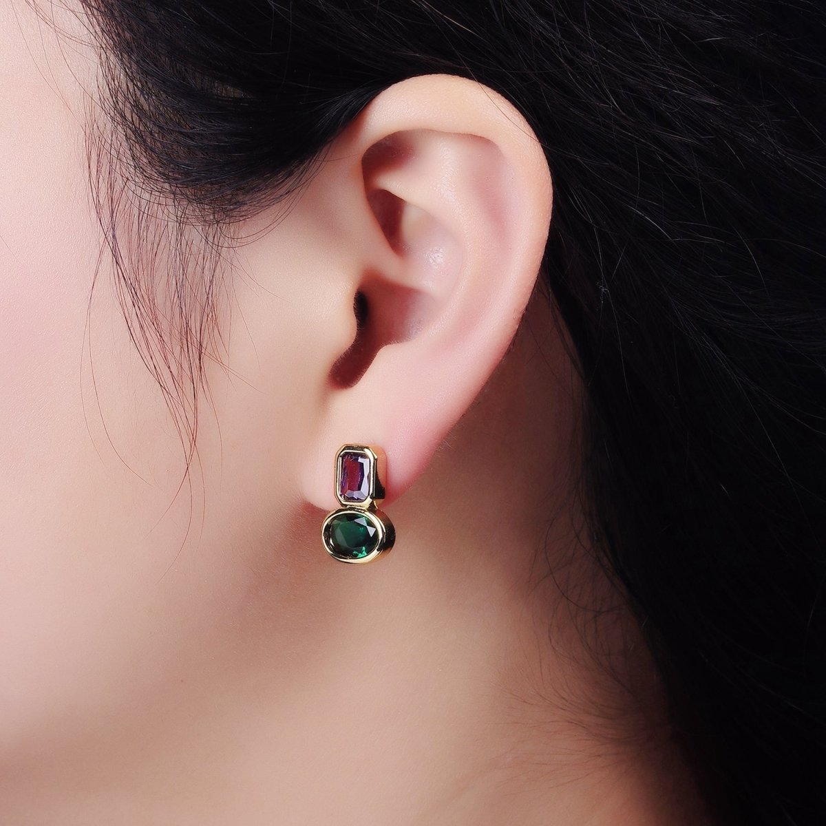 14K Gold Filled Green, Red CZ Oval Geometric Purple Baguette Stud Earrings | Y-914 Y-915 - DLUXCA