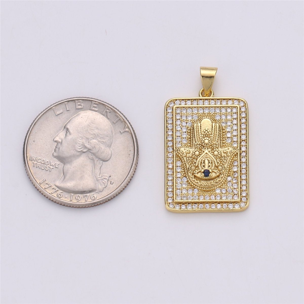14k Gold Filled Hamsa Hand Charm with Micro Pave square tag CZ pendant for Protection Amulet Necklace Component I-615 - DLUXCA