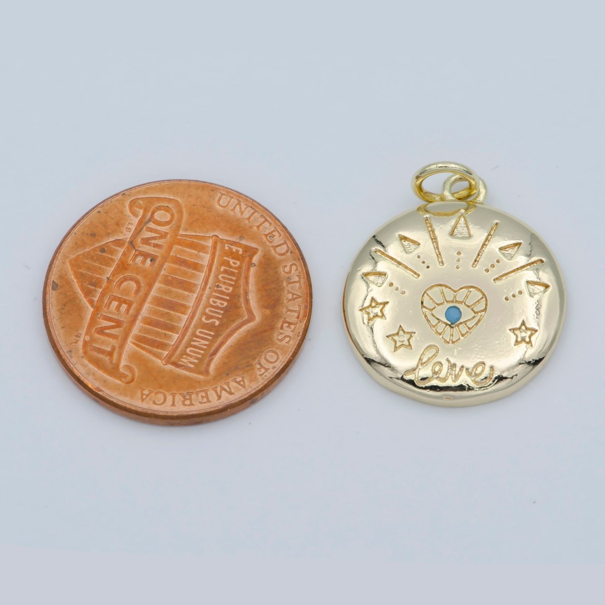 14k Gold FIlled Heart Charm - Love Amulet medallion - Coin Disc charm - Blue Evil Eye pendant for Necklace Bracelet Earring Charm M-358 - DLUXCA